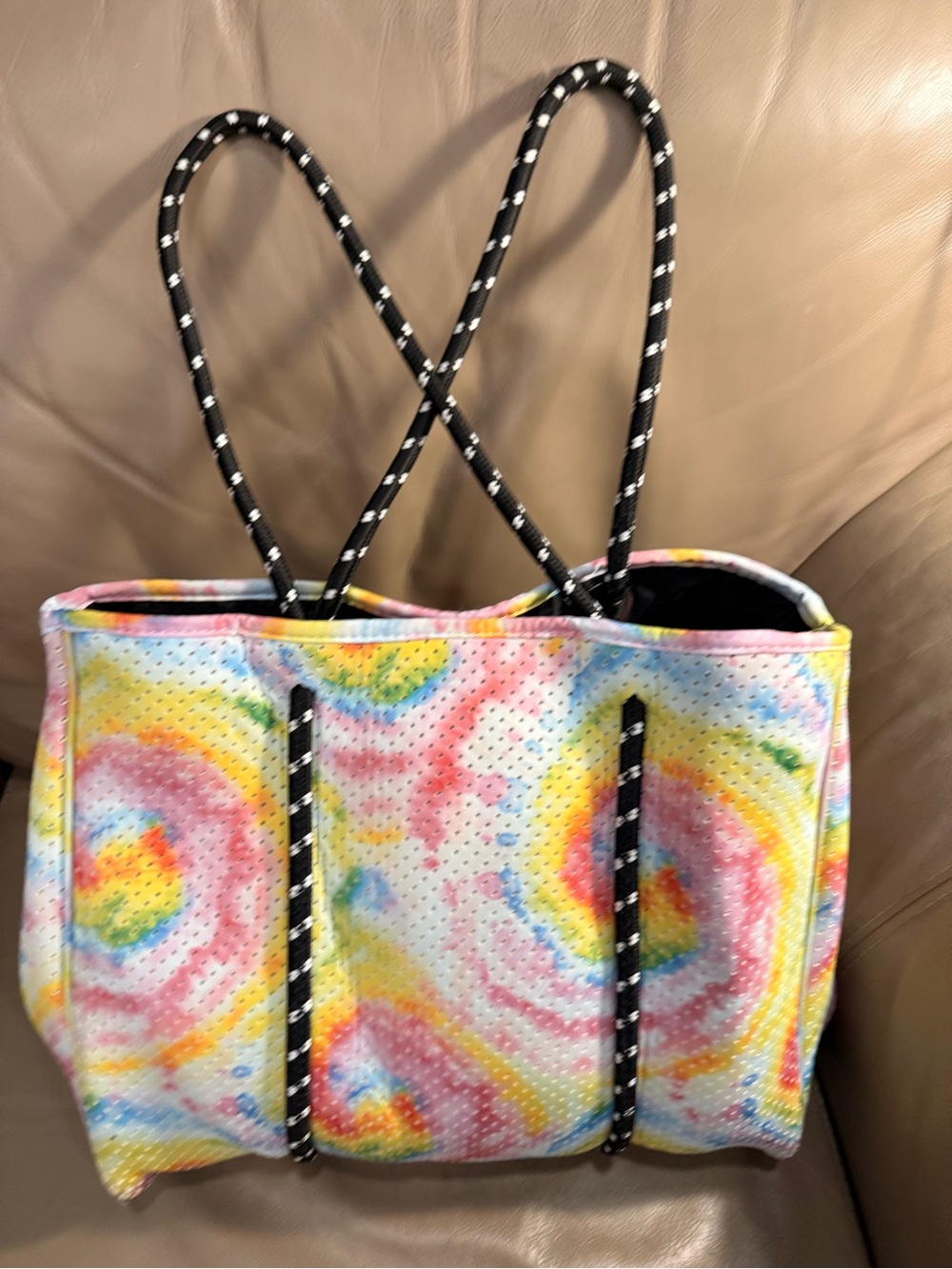Colorful Tie-Dye Neoprene Tote Bag with Black Rope Handles